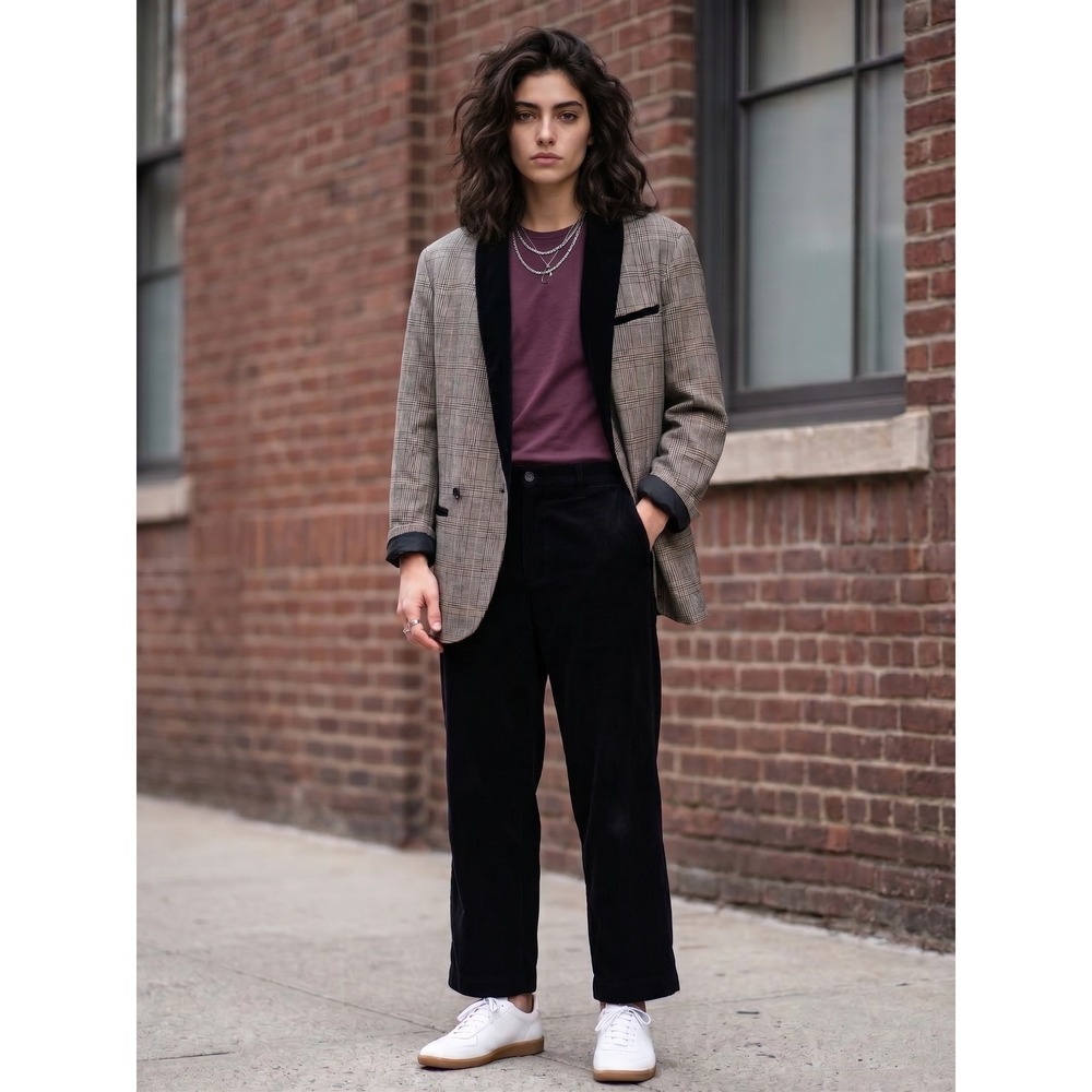Free People Blazer Women M Plaid Velvet Academia Preppy Tuxedo Oversized Jacket